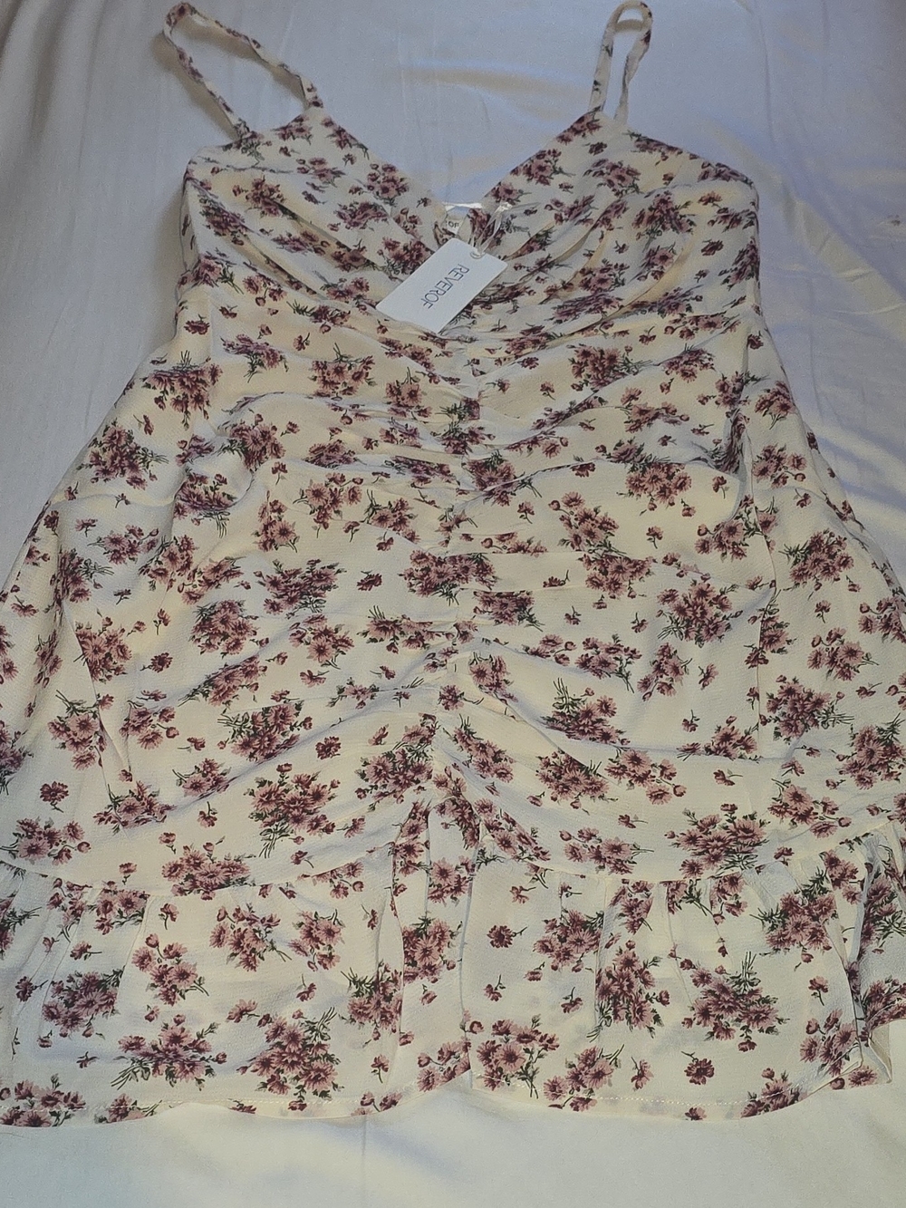 NWT-REVEROF White Pink Floral Slip Dress V-Neck Ruffle Hem Lined Size L